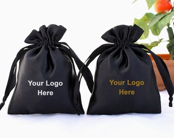 Black Satin Favor Bags: Personalized Logo, Wedding, Shower