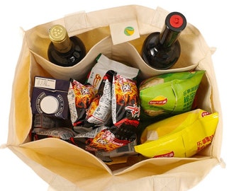 Organic Cotton Grocery Tote Bag: Reusable Market Bag with Wine Bottle Pockets