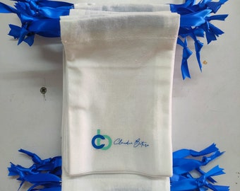 White Cotton Bag with Blue Satin Ribbon