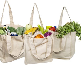 Organic Cotton Canvas Grocery Tote Bags with Handles - Set of 3