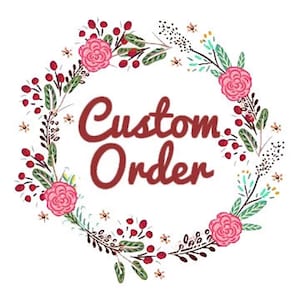 May include: A floral wreath with pink flowers and red berries surrounds the text "Custom Order" in a red font.