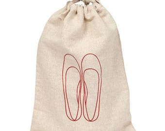 May include: A beige linen drawstring bag with a red outline of two shoes on the front.