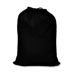 May include: A black drawstring bag made of fabric. The bag is empty and has a cinched top.