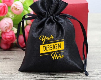 Black Satin Bags with logo printed in various sizes and quantities
