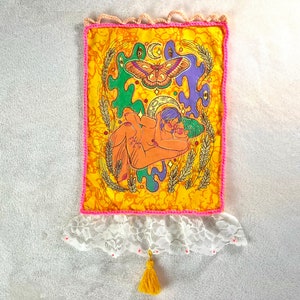 Lesbian Love Under the Moon Original Screen Printed and Embroidered Wall Hanging