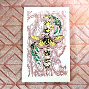 Rosy Maple Moth, Moon Phases and Willow Branches Handmade Screenprint