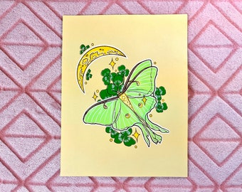 Luna Moth and Clovers Handmade Screen Print