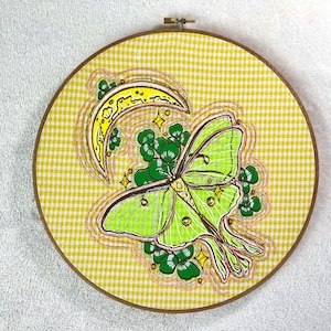 Luna Moth, Clover and Moon Screen Printed and Hand Embroidered Hoop