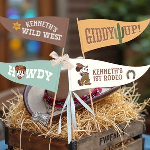 Banderines imprimibles de Mickey Rodeo para cumpleaños, centro de mesa de Mickey Cowboy para cumpleaños, decoración para baby shower del Viejo Oeste, archivo digital