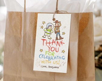 Etiqueta de agradecimiento de cumpleaños de Toy Story, etiqueta de regalo de Woody, etiqueta de recuerdo de Buzz Lightyear (descarga digital)