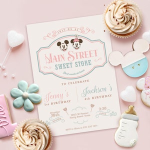 Classic Mickey & Minnie Siblings Birthday Invitation, Disneyland Sweet Store Birthday Invitation, Candy Birthday, Digital, Printable