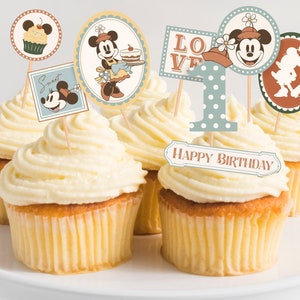 Printable Vintage Minnie Cupcake Toppers, Minnie Birthday Party Decoration, Disneyland Party, Digital file