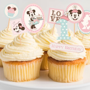 Printable Vintage Minnie Cupcake Toppers, Minnie Birthday Party Decoration, Disneyland Party, Digital file