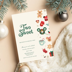 May include: A festive Christmas-themed invitation with a green and white design. The invitation says "Two Sweet" and includes a cartoon image of Mickey Mouse and Minnie Mouse. The text on the invitation reads "Brandon is turning two! Please join us to celebrate Saturday, 22nd December 3pm to 5pm Brandon's House 123 W. Palmer St. Austin, Texas RSVP to Leah (512) 343 8769"