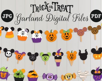 Guirnalda imprimible de Mickey para truco o trato, pancarta de Mickey para Halloween, decoración para fiesta de Halloween, archivo digital