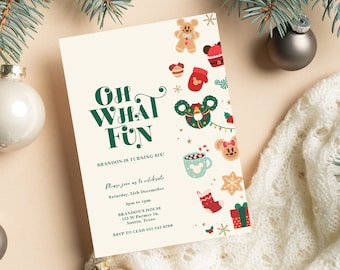 Mickey Christmas Birthday Invitation, Christmas Party Invitation, Vintage Minnie Birthday, Digital, Printable