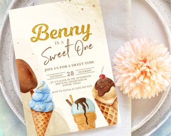 May include: A beige invitation card with gold glitter text that reads "Benny is a Sweet One". The card features an illustration of three ice cream cones with different toppings. The text below the illustration reads "Join us for a sweet time Saturday 28 December at 3 o'clock in the afternoon Ben's Ice Cream Parlor Austin, Texas RSVP to Olivia at (520) 520 5252".