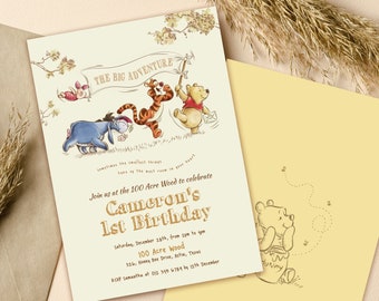May include: A Winnie the Pooh themed invitation for a 1st birthday party. The invitation features Winnie the Pooh, Piglet, Tigger, and Eeyore walking through the Hundred Acre Wood. The text reads "The Big Adventure" and "Join us at the 100 Acre Wood to celebrate Cameron's 1st Birthday".
