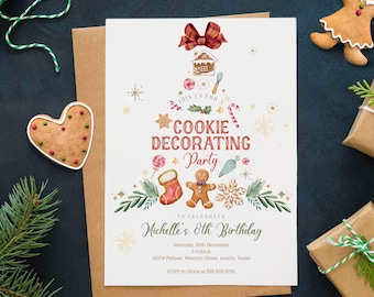 May include: A white invitation card with a gingerbread cookie tree design. The invitation is for a cookie decorating party to celebrate Michelle's 8th birthday. The card has a red bow and gold glitter accents.