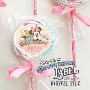 Editable Mickey & Minnie Candy Label, Main Street Confectionery, Mickey Lollipop, Minnie Baby Shower, Disneyland Birthday, Digital File