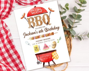 Può includere: Un invito di compleanno a tema barbecue con illustrazioni ad acquerello. Il design presenta una griglia rossa, spiedini e il testo "BBQ Celebrating Jackson's 8th Birthday". L'invito include i dettagli dell'evento.