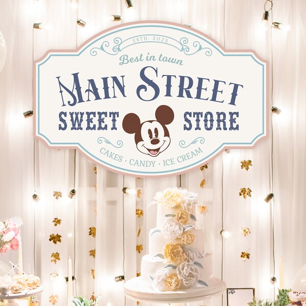 Druckbare Mickey Sweet Store Schild, Main Street Candy Shop, perfekt für jede Disney Thema Geburtstagsparty oder Event, digitale Datei