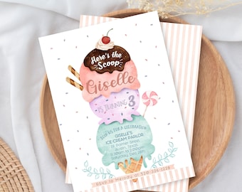 Ice Cream Birthday Invitation, Here's The Scoop Invitation, Optional, Ice Cream Party Invite, Kids, Birthday, Invitation, Digital, Printable
