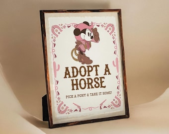 Letrero imprimible de Minnie Adopt A Horse, decoración para fiesta de rodeo de Minnie Cowgirl, letreros para fiesta del salvaje oeste, archivo digital