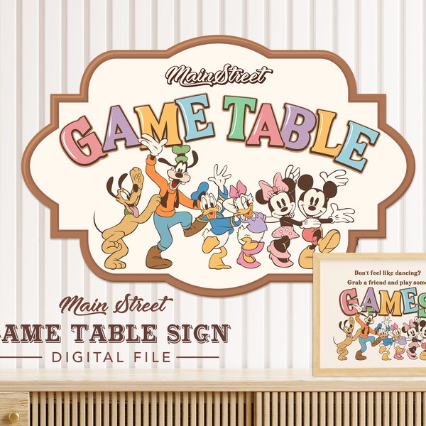 Mickey and Friends Game Table Sign, Mainstreet Party, Mickey Birthday, Minnie Baby Shower, Disneyland Party Decoration, Digital file