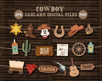 Utskrivbar Mickey Cowboy-banderoll, Rodeo-födelsedagsfestgirlande, Mickey Wild West-babyshowerdekoration, digital fil