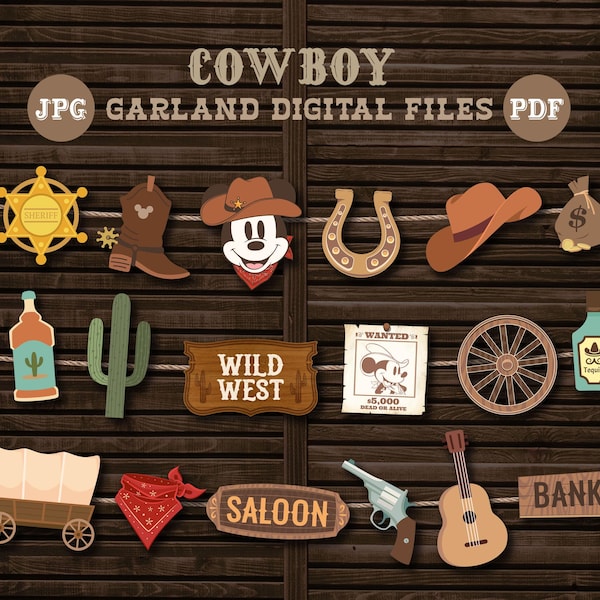 Banner imprimible de Mickey Cowboy, guirnalda para fiesta de cumpleaños de rodeo, decoración para baby shower de Mickey Wild West, archivo digital