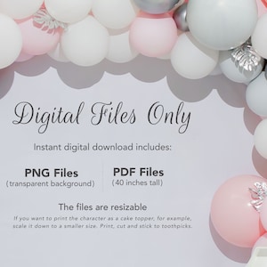 May include: Digital files only. Instant digital download includes PNG files with a transparent background and PDF files that are 40 inches tall. The files are resizable. The image shows a pink and white balloon garland with silver accents.