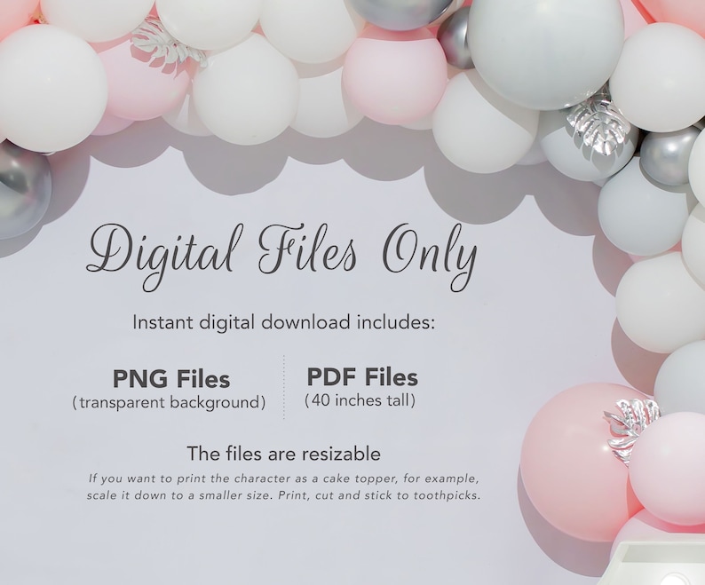 May include: Digital files only. Instant digital download includes PNG files with a transparent background and PDF files that are 40 inches tall. The files are resizable. The image shows a pink and white balloon garland with silver accents.