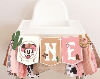 Afdrukbare banner Minnie Cowboy One, banner rodeo verjaardagsfeestje kinderstoel, Minnie Rodeo eerste verjaardagsfeestje decoratie, digitaal bestand
