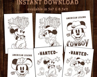 May include: Six black and white printable coloring pages featuring Mickey Mouse dressed as a cowboy and cowgirl. The pages include text such as "Howdy", "American Legend", "Wild West", "Cowboy", "Cowgirl", and "Wanted".