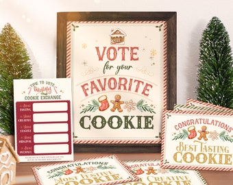 May include: A set of printable Christmas cookie exchange voting cards. The cards feature a red and green striped border with a gingerbread house, gingerbread man, and holly illustrations. The text on the cards reads "Time to Vote Christmas Cookie Exchange", "Vote for your Favorite Cookie", and "Congratulations Best Tasting Cookie".