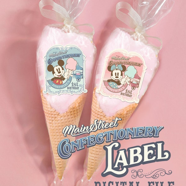 Mickey & Minnie Candy Label, Main Street Confectionery, Mickey Cotton Candy, Mickey Birthday, Minnie Birthday