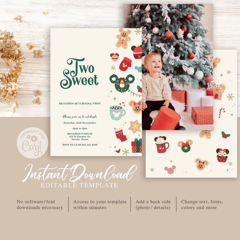 May include: Editable printable invitation for a child's second birthday party. The invitation features a cartoon mouse character with a Christmas theme. The text on the invitation reads "Two Sweet" and includes details about the party, including the date, time, and location. The invitation also includes a photo of a young child.