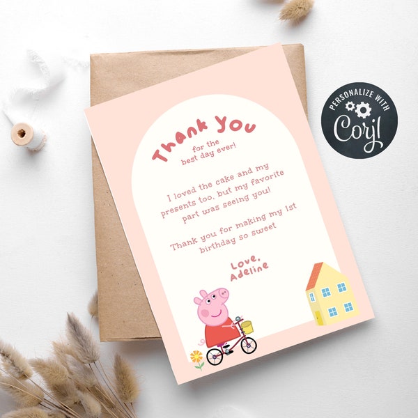 Printable Peppa Pig Thank You Card, Peppa Pig Gift Card, Perfect for any Peppa Pig theme birthday party or event, Digital file