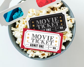 Printable Movie Tickets, Pretend Play Cinema Tickets, Movie Night Birthday Party Decorations, Movie Party Decorations, Digital file