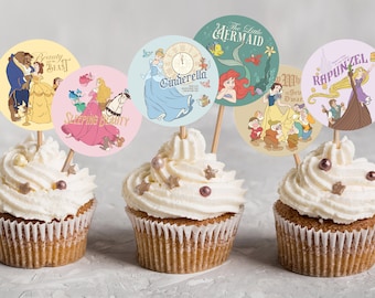 Printable Princess Cupcake Toppers, Disneyland Party Decor, Cinderella, Snow White, Belle, Ariel, Aurora, Rapunzel, Digital file