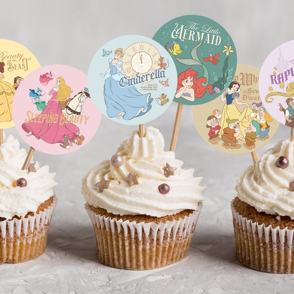 Printable Princess Cupcake Toppers, Disneyland Party Decor, Cinderella, Snow White, Belle, Ariel, Aurora, Rapunzel, Digital file