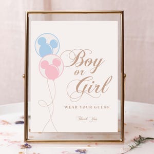 印刷可能なミッキーとミニーの男の子または女の子のサイン、推測ゲームを着用、彼または彼女のサイン、ディズニーランドの性別発表、デジタルファイル