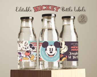 Pastel Mickey Water Bottle Label, vintage Mickey Label, Mickey Birthday, Magical Party Decoration, Fichier numérique