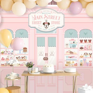 Editable Minnie Sweet Store Backdrop, Main Street Candy Shop, Disney Party, Candy Theme Decor