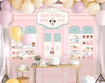 Editable Minnie Sweet Store Backdrop, Main Street Candy Shop, Disney Party, Candy Theme Decor