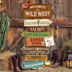 May include: A set of wooden signs with a Wild West theme. The signs are painted in various colours and feature text such as "Welcome to the Wild West", "Cactus Creek", "Saloon", "Boot Scootin' Barn", "Rodeo Arena", "Sheriff's Office", "Danger Rattlesnake Crossing!" and "Chuckwagon".