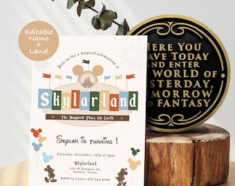 Personaliseer Disneyland verjaardagsuitnodiging, gelukkigste verjaardag op aarde uitnodiging, Mickey verjaardag, Minnie verjaardag, digitaal, afdrukbaar