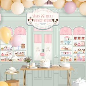 Editable Minnie Sweet Store Backdrop, Main Street Candy Shop, Disney Party, Candy Theme Decor