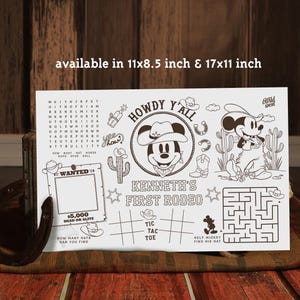 May include: A printable coloring page featuring Mickey Mouse in a cowboy hat with the text "Howdy Y'all" and "Kenneth's First Rodeo". The page includes a word search, a maze, and a tic-tac-toe game.